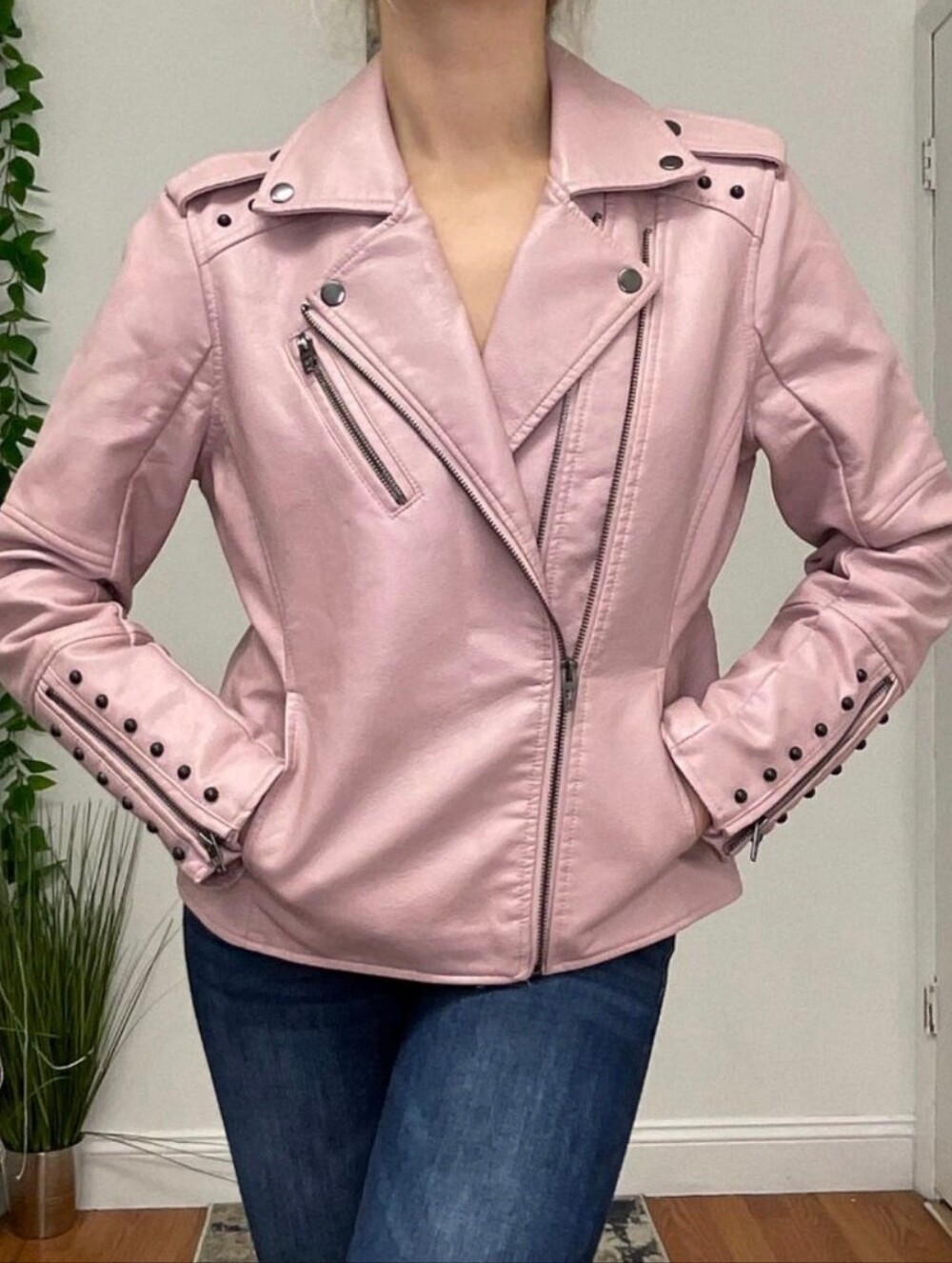 Colleen Lopez Pink Studded Faux Leather Motorcycle Jacket